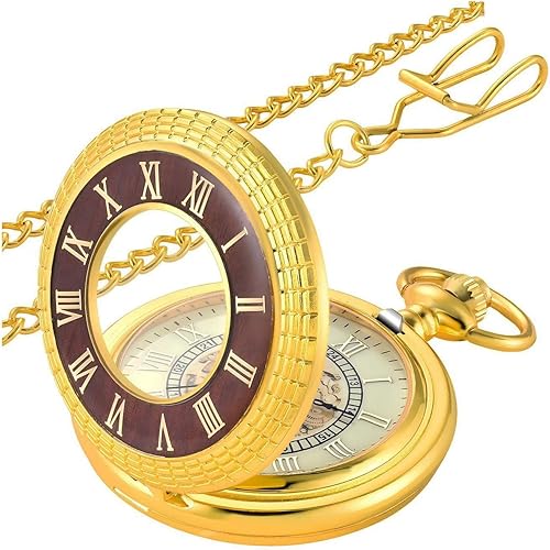 Wood Grain Hollow Design Vintage Pocket Watch, Roman Numerals Scale Quartz Pocket Watch with Chain for Xmas Fathers Day GIF