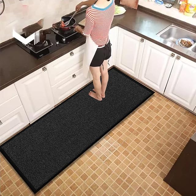Waterproof Runner Rug for Kitchen Floor - Black, 60 x 180 cm - Heavy Duty Waterproof PVC Backing Dirt Grabber Entrance Welcome Carpet Mat