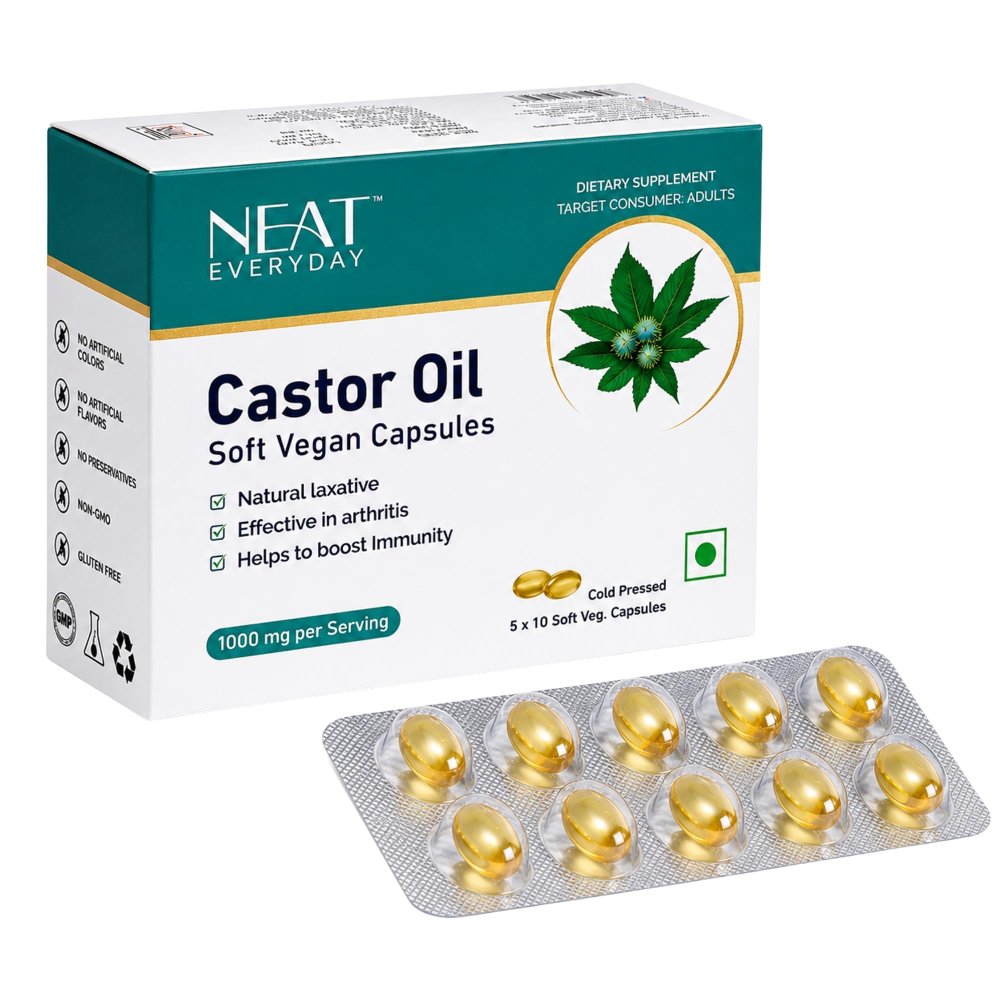 NEAT Castor Oil Soft Gel Capsule Blister 1000mg Per 2 Capsules | Cold Pressed Castor Oil Capsules Helps Natural Laxative & Immunity Booster | Vegetarian 50 Capsules-image-4