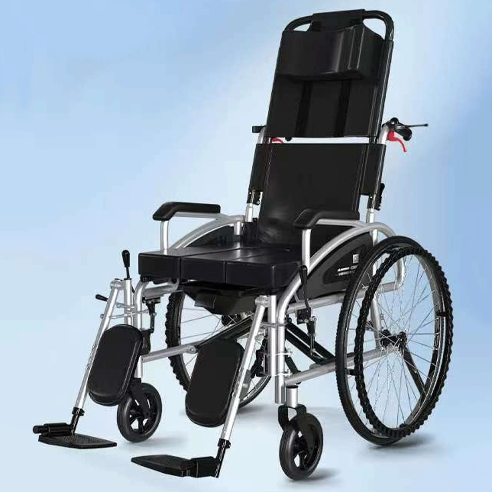 Silla de ruedas MKYOKO reclinable, ligera, de acero al carbono, plegable, autopropulsada, con respaldo alto, reposacabezas extraíble, 180° completo, Gris O Plateado