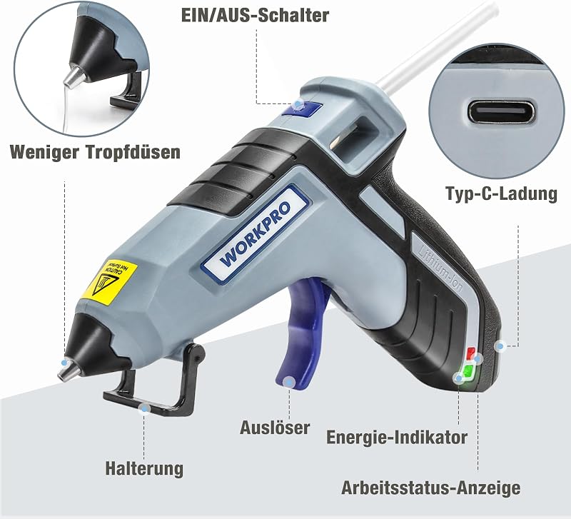 WORKPRO Akkumulátoros Ragasztópisztoly 3.6V - Vezeték Nélküli, 2600 mAh, 20 Ragasztórúddal, Gyors Felfűtés, Automatikus Kikapcsolás, Barkács