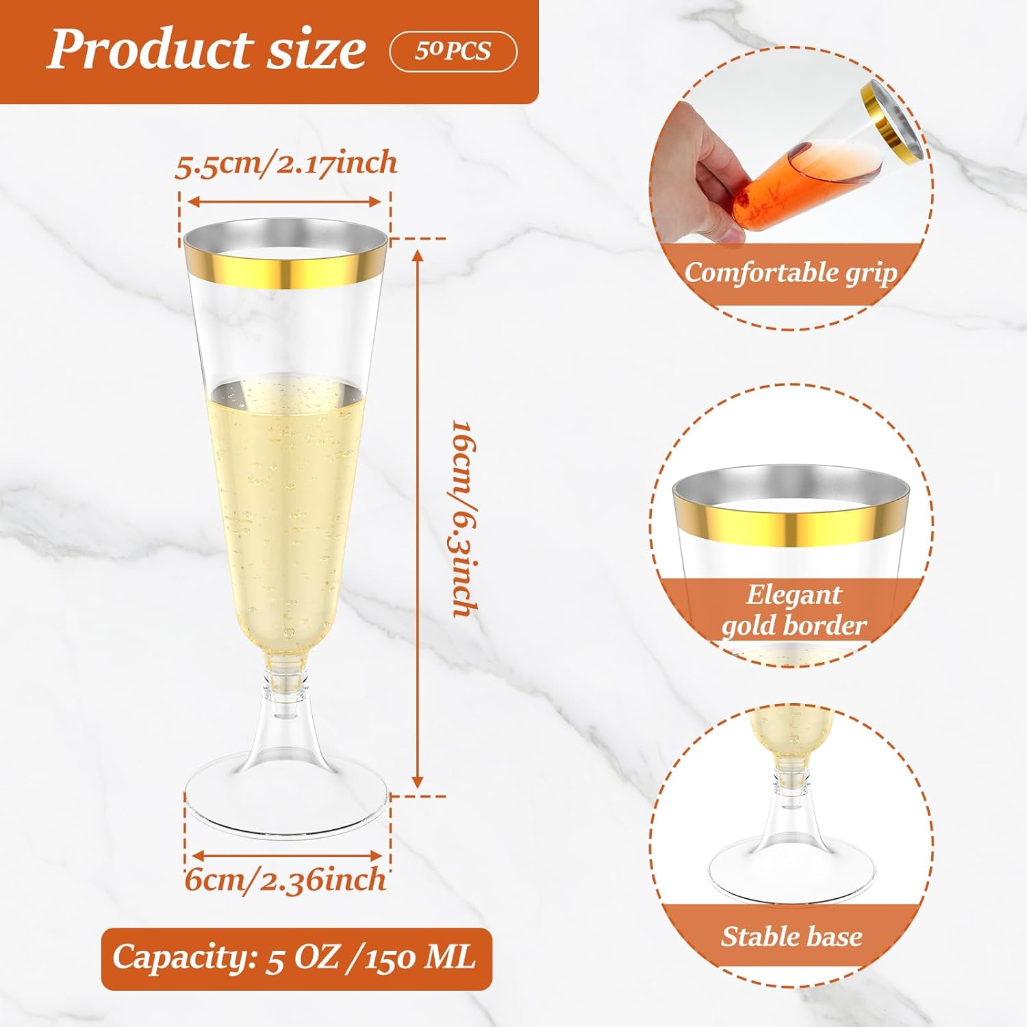 50 Pack Gold Rimmed Plastic Champagne Flutes 5 Oz Unbreakable Classic Clear Toasting Glasses Tall Fancy Recyclable Disposable Wedding Party Cocktail Cups with Gold Rim
