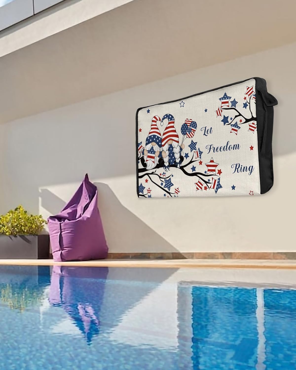 Outdoor TV Cover - 4th of July USA Flag Patriot Gnome Tree Balloon Beige Waterproof and Weatherproof 80"-85" LCD Movable Shield TV Display Screen Protector Outside Television Covers