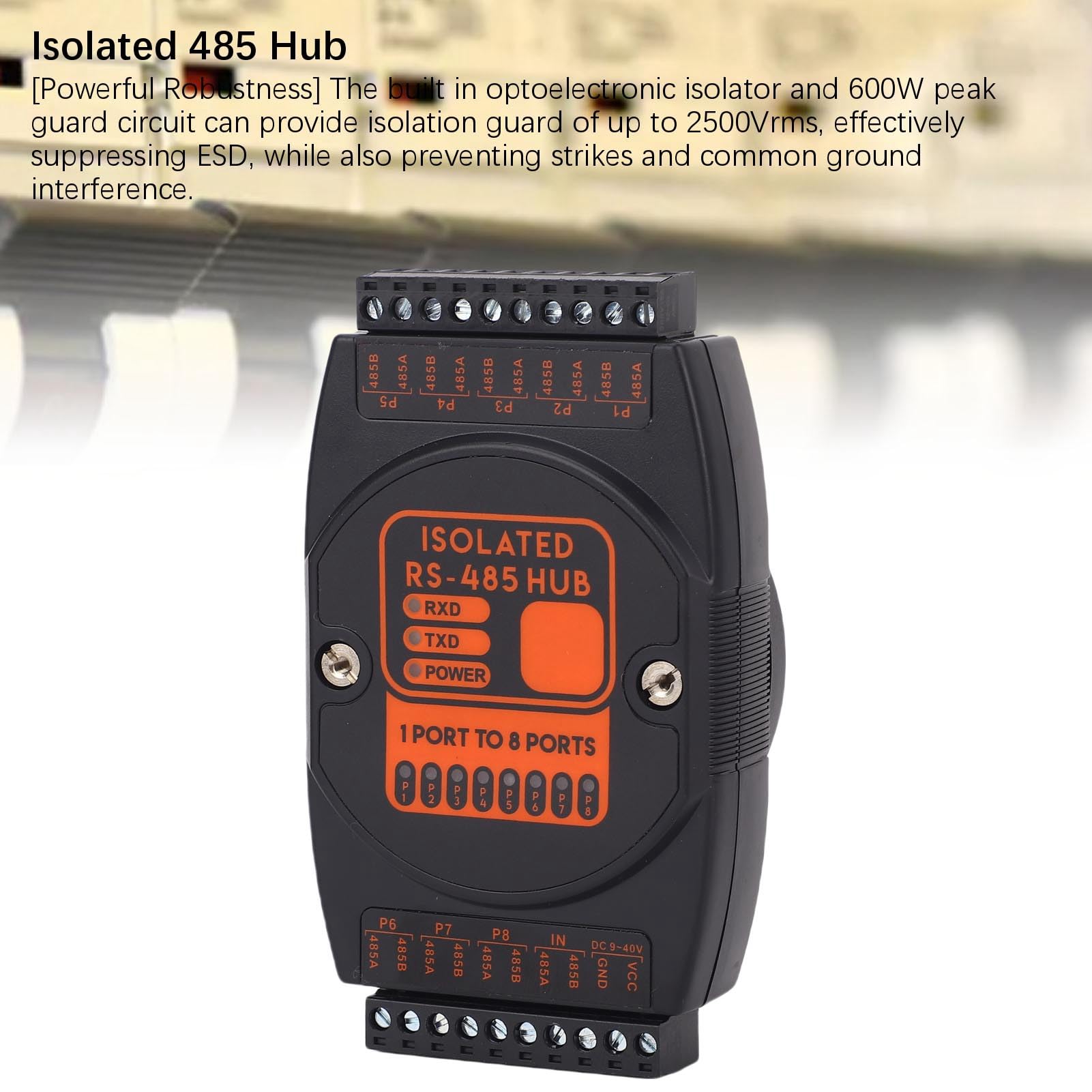 Ejoyous Hub 485, Ripetitore 485 Isolato in ABS 1 Ingresso 8 Uscite, Isolamento 2500 Vrms da 9 a 40 V CC da 300 Bps a 115,2 Kbps, per Espansione di Rete Industriale e Sistemi di Controllo per Esterni