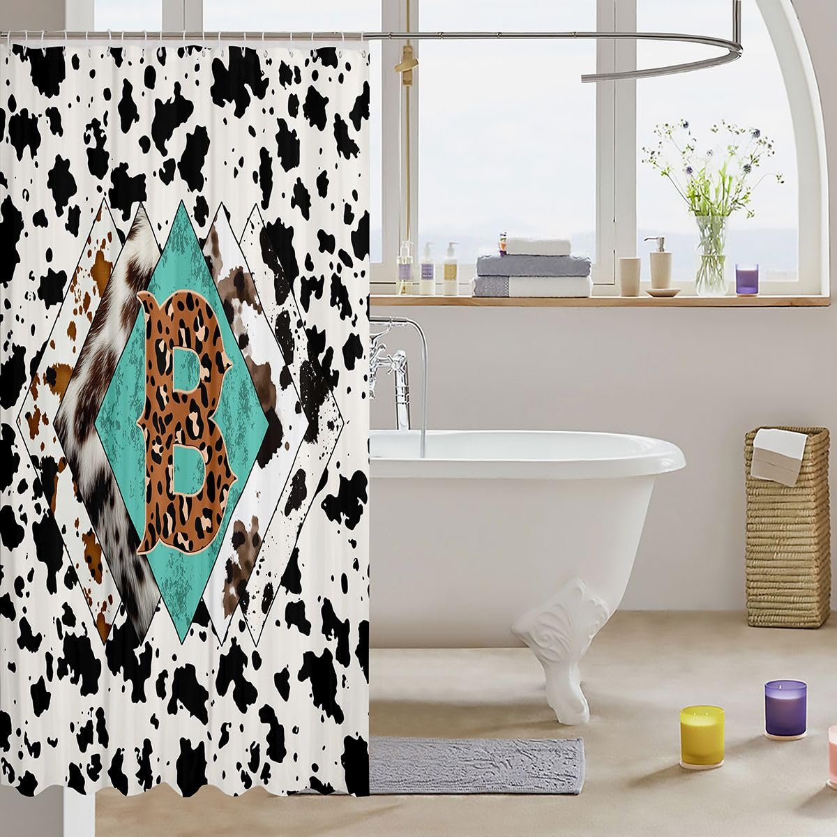 Rideau de douche lettre B taille L léopard monogramme alphabet imprimé cuir de vache rideau de bain pour adultes style cowboy occidental rideaux de bain imperméables avec 12 crochets pour baignoire