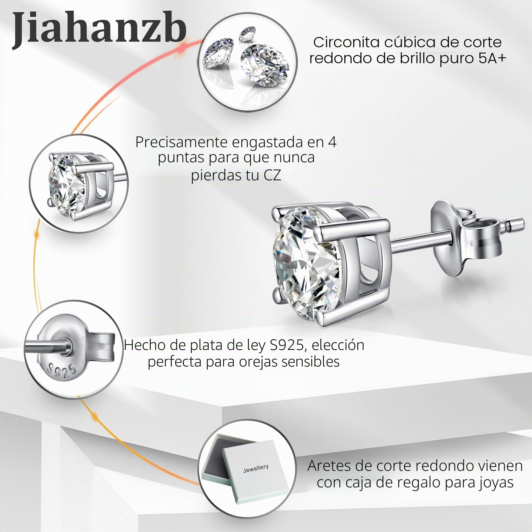 18K Blanco Oro Plateado Pendiente Brillante Diamante Hombre Mujer Circonitas Pendientes Plata de Ley 925 Regalo de Cumpleaños Navidad San Valentin Color Blanco
