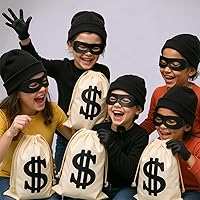 Vista 4 de Juego de disfraz de ladrón, incluye máscara de ladrón, bolsa de dinero, guantes de sombrero de punto para jugar a policías y ladrones, disfraz