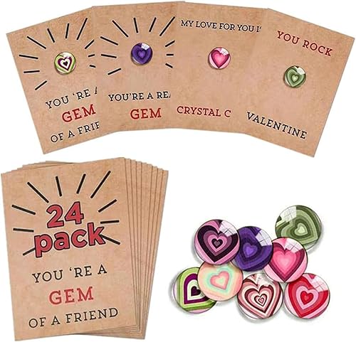 PAOEIOV Paquete de 24 tarjetas de San Valentín con piedras de cristal en forma de corazón, regalo de San Valentín, tarjeta de intercambio, regalos