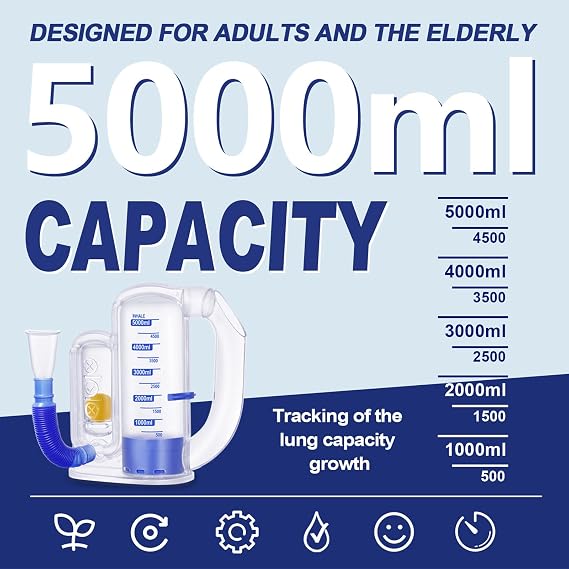 Breathing Exercise Device for Lungs, Lung Exerciser Device 5000ml Volumetric Deep Breathing Trainer with Flow Rate Indicator for Respiratory Health & Recovery