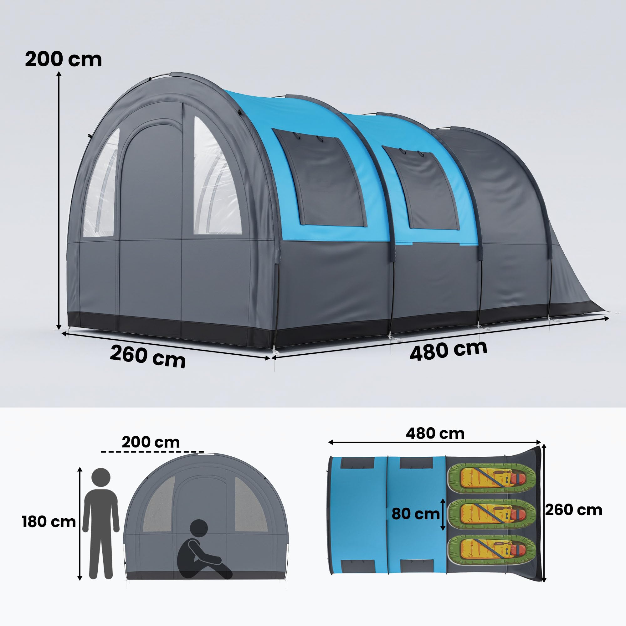 Outsunny Tienda de Campaña Familiar para 3 Personas Tienda de Camping Plegable Impermeable 3000 mm con 2 Habitaciones Puertas y Bolsa de Transporte para Senderismo 480x260x200 cm Gris