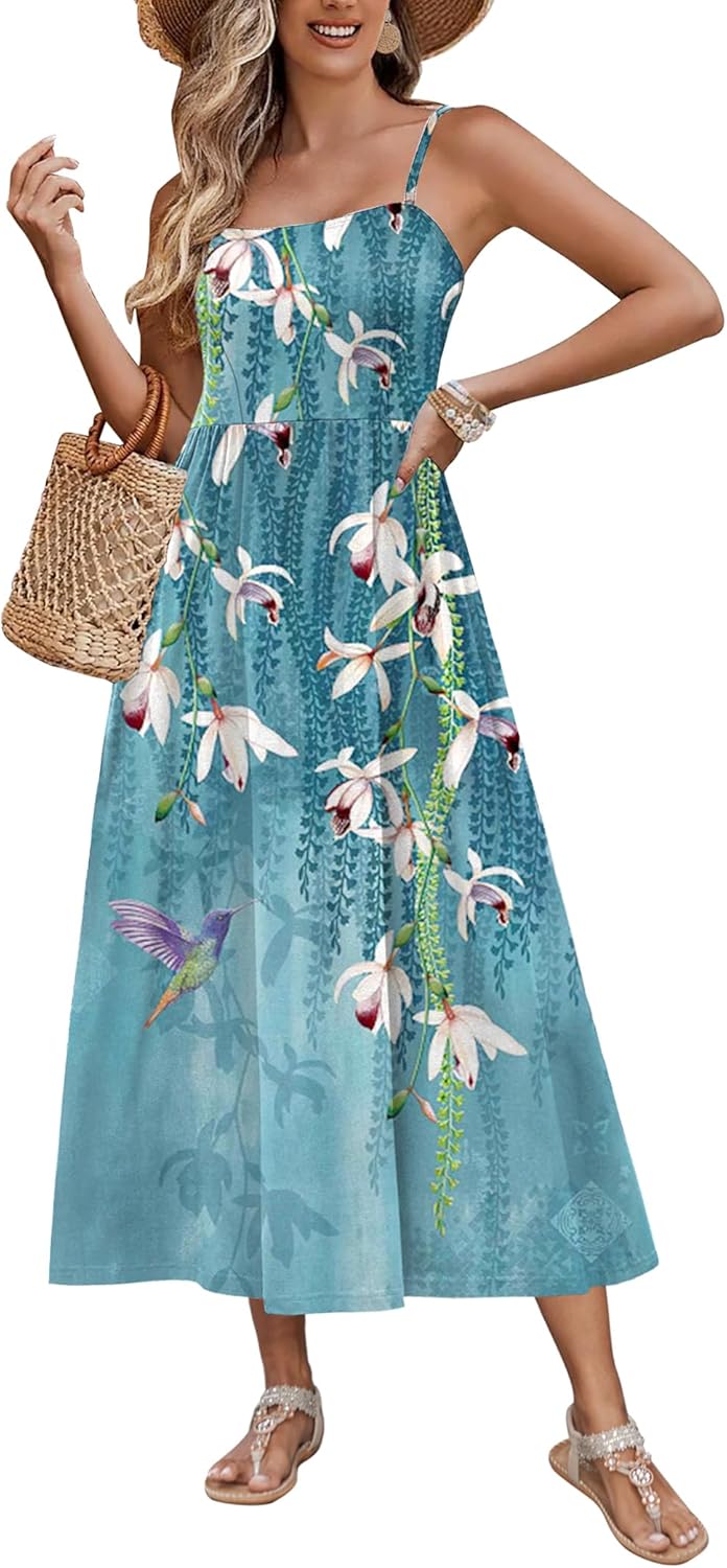 Zeagoo Women's Summer Casual Boho Sundress Spaghetti Strap Square Neck Flowy Midi Dresses A Line Beach Dress with Pockets