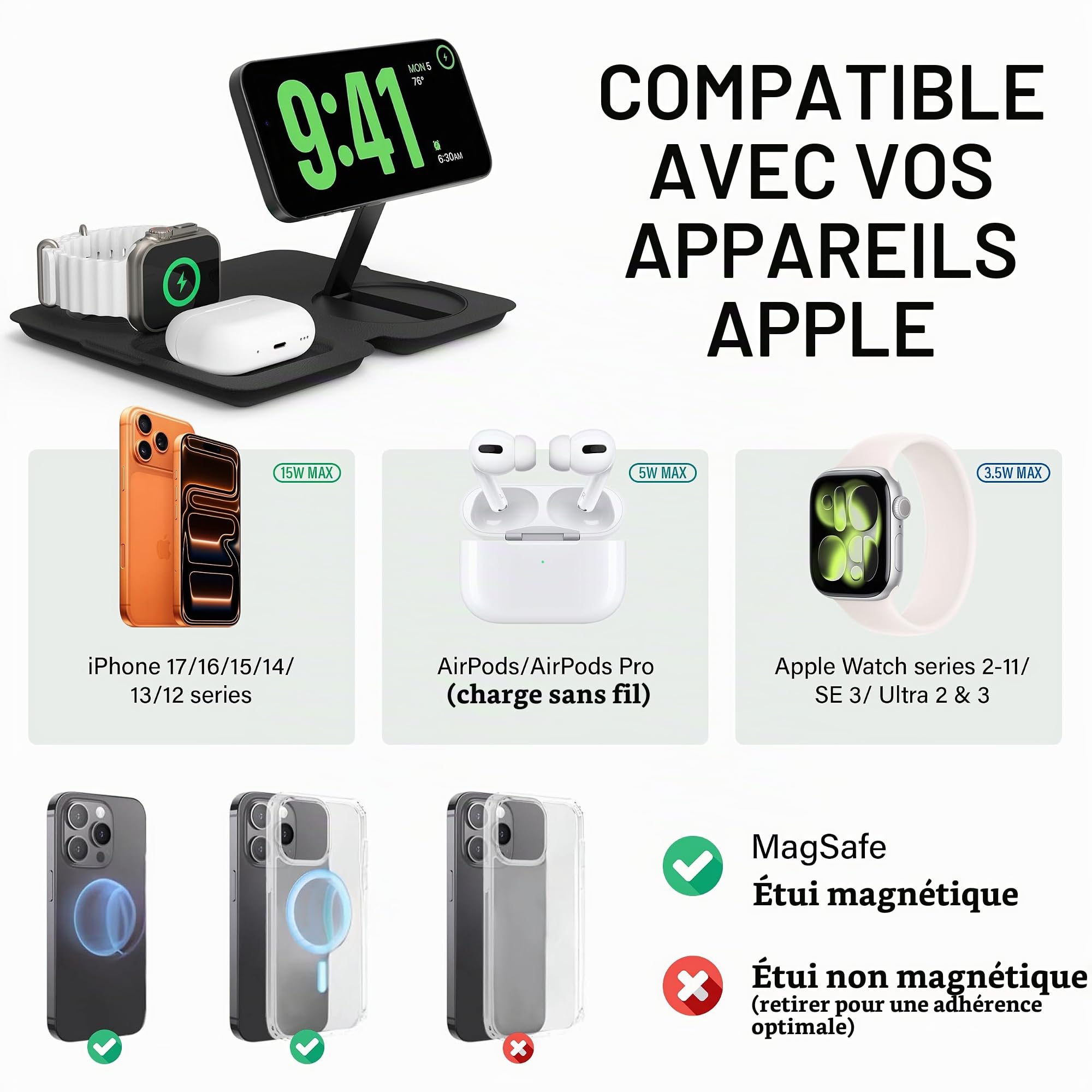 Nimble Station de charge sans fil pliable 3 en 1 pour iPhone et AirPods, support de charge Qi2 15 W compatible MagSafe, station de charge sans fil pour iPhone 17/16/15/14/13/12 (adaptateur 36 W et