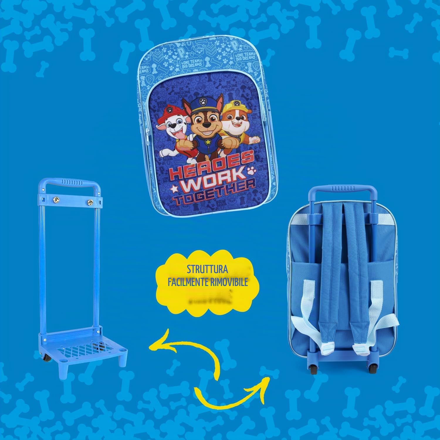 PERLETTI Zaino Paw Patrol Bimbo con Trolley Rimovibile per Asilo - Zainetto con Rotelle Bambino Scuola Materna con Chase Marshall Rubble - Trolley per Bambini con Tasca Frontale Blu - 36x24x12 cm