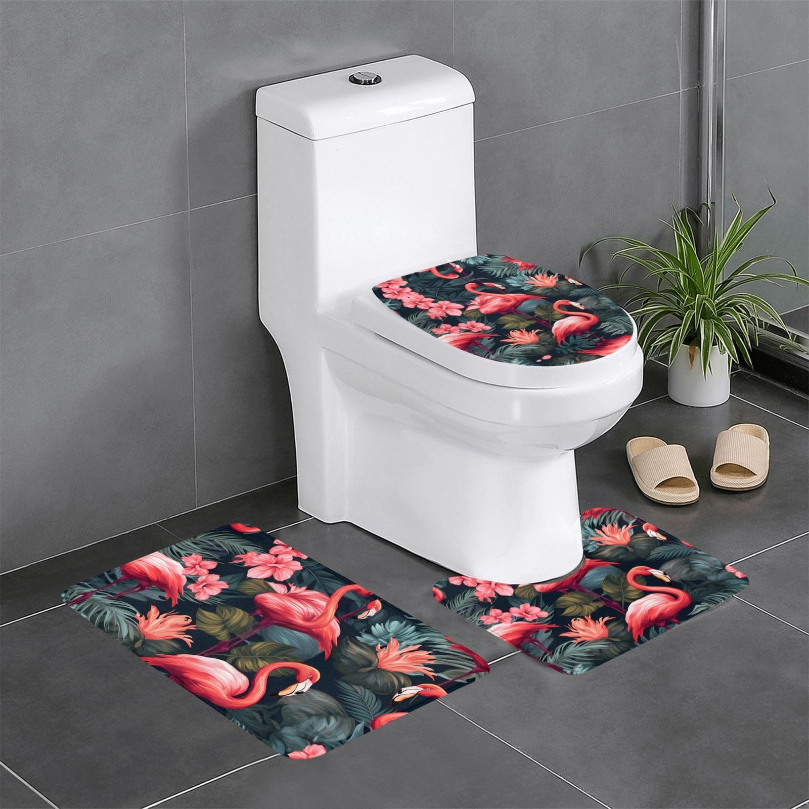 Tapis de salle de bain antidérapant lot de 3 floral flamant rose lavable et sécurisé pour WC