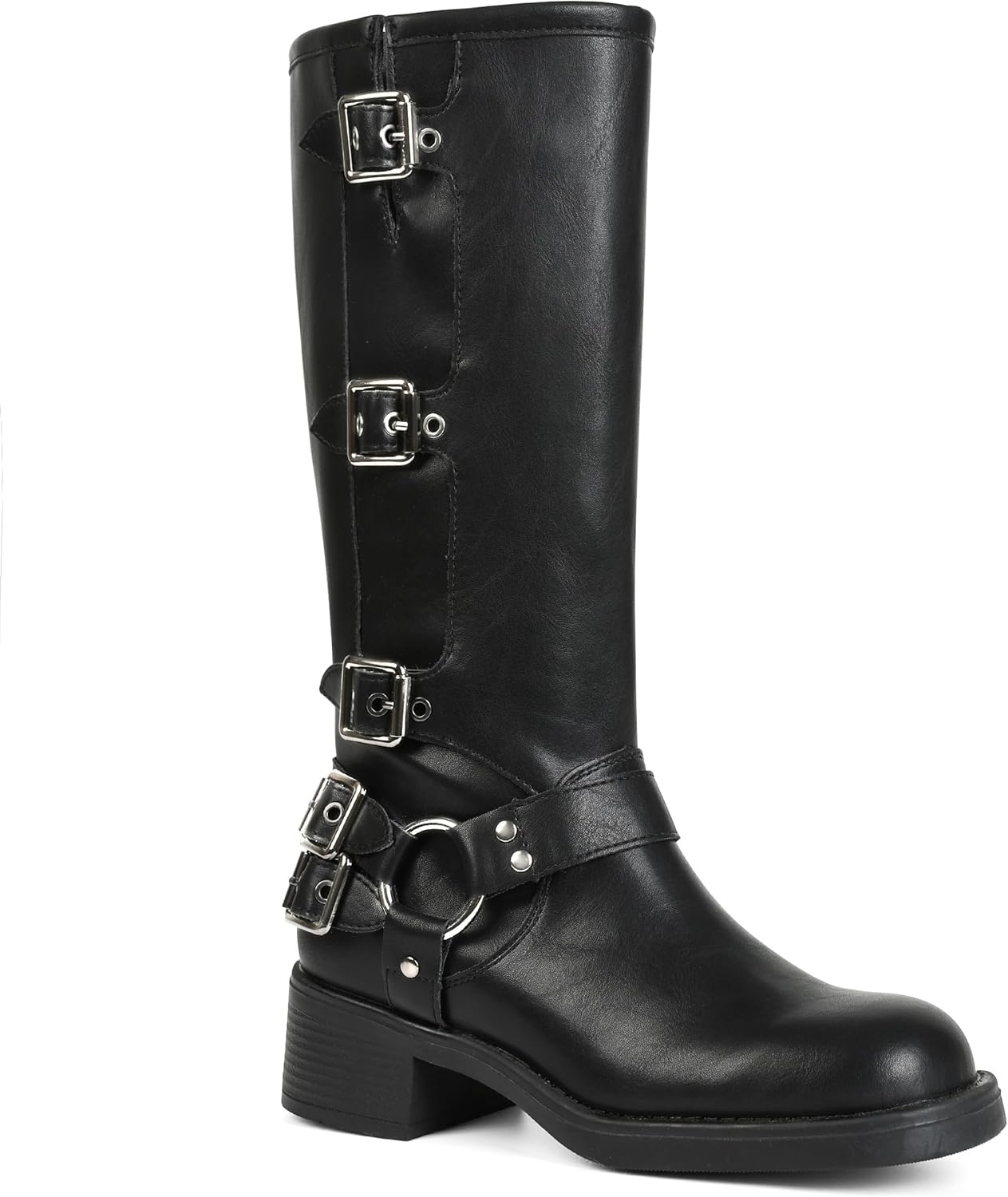 AMINUGAL Knee High Boots Women Square Toe Pull On Wide Calf Riding Fashion Buckles Chunky Metallic Casual Vintage Buckle Rivet