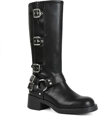 AMINUGAL Knee High Boots Women Square Toe Pull On Boots Wide Calf Riding Boots Fashion Buckles Chunky Boots Metallic Casual Vintage Buckle Rivet Boots, C-black, 4 UK