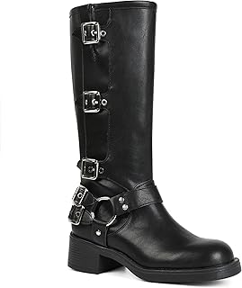 Knee High Boots Women Square Toe Pull On Wide Calf Riding Fashion Buckle...