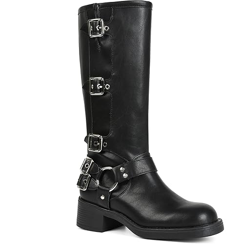 AMINUGAL Knee High Boots Women Square Toe Pull On Wide Calf Riding Fashion Buckles Chunky Metallic Casual Vintage Buckle Rivet
