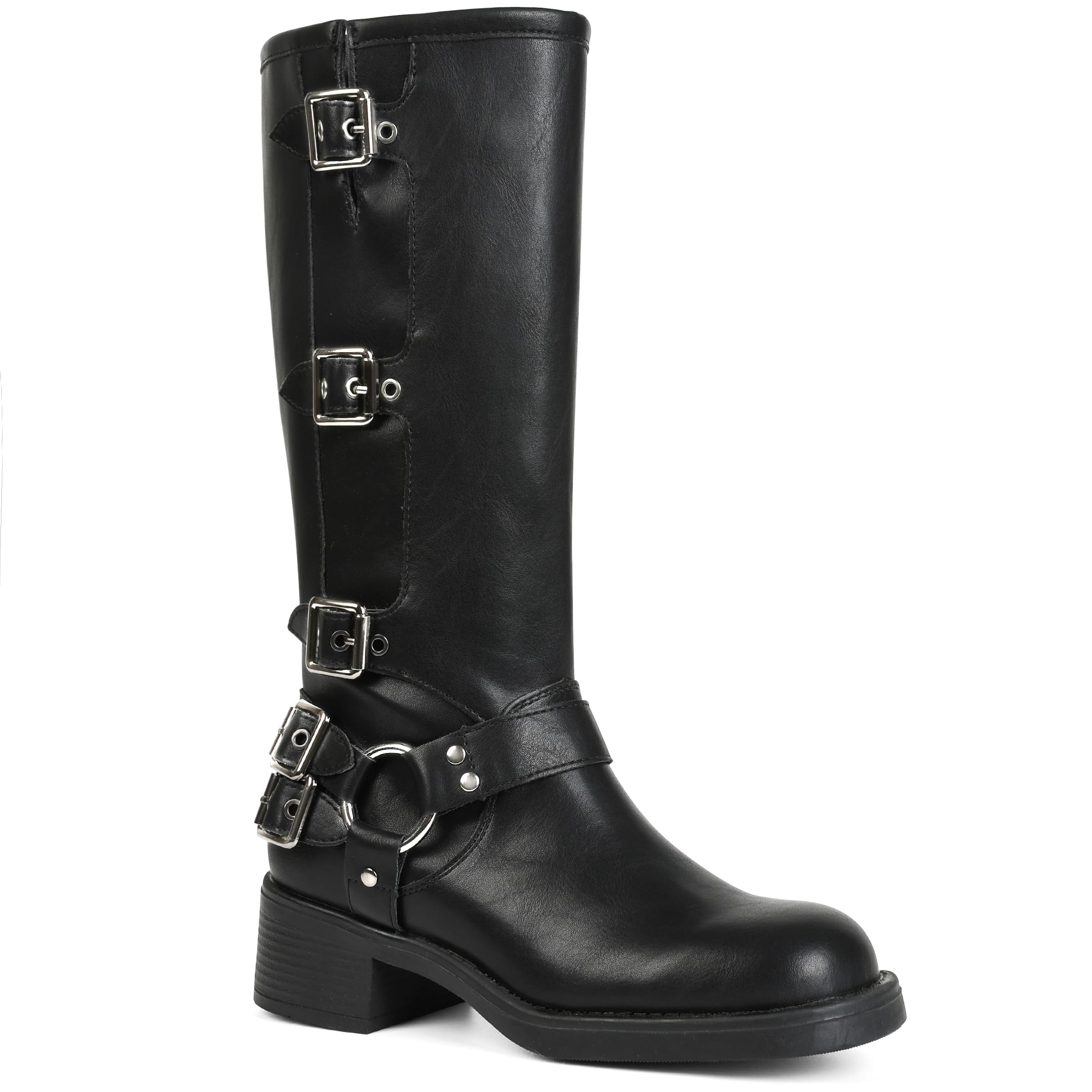 AMINUGAL Knee High Boots Women Square Toe Pull On Wide Calf Riding Fashion Buckles Chunky Metallic Casual Vintage Buckle Rivet