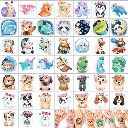 45 hojas de tatuajes de animales de mascotas para niñas y niños, recuerdo de fiesta de cumpleaños temporal, tatuaje temporal, perro, león, oso,