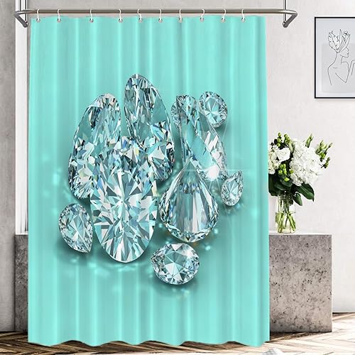 Vista 31 de Shrahala Brilliant Round Brilliants - Cortina de ducha decorativa con diamantes, azul turquesa, decoración de baño, fibra de poliéster, impermeable
