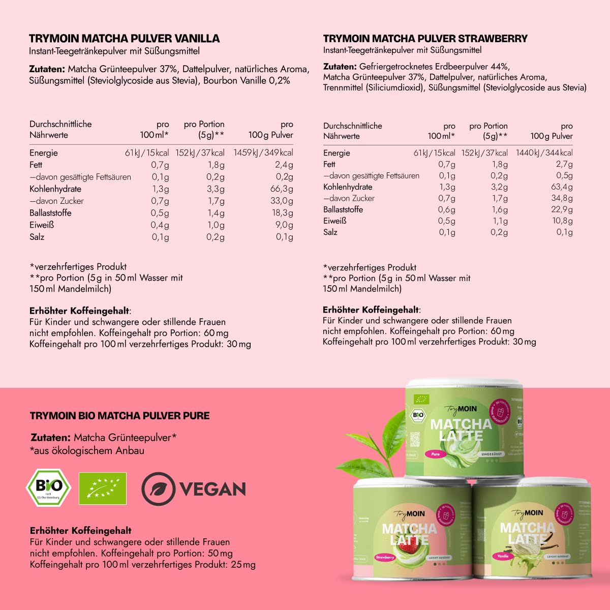 TryMOIN Matcha Bundle 3er, Ceremonial Grade, Strawberry & Vanilla | 1x Bio Matcha Pulver, 1x Strawberry Matcha, 1x Vanilla Matcha