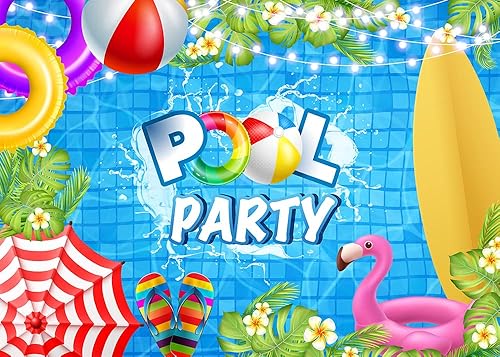Miniatura 2 de Fondo de fiesta de verano en la piscina, anillo de natación, tabla de surf, flor de palmera tropical, fondo de fotografía, baby shower, cumpleaños,