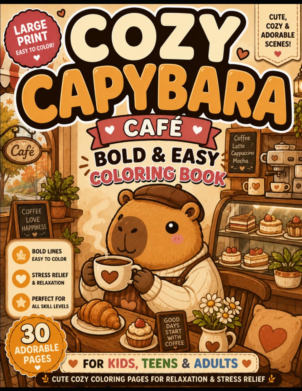 Cozy Capybara Café: Bold & Easy Coloring Book for Kids, Teens & Adults | Cute Cozy Café Scenes for Relaxation, Stress Relief and Mindfulness (Cozy Capybara Coloring Book)