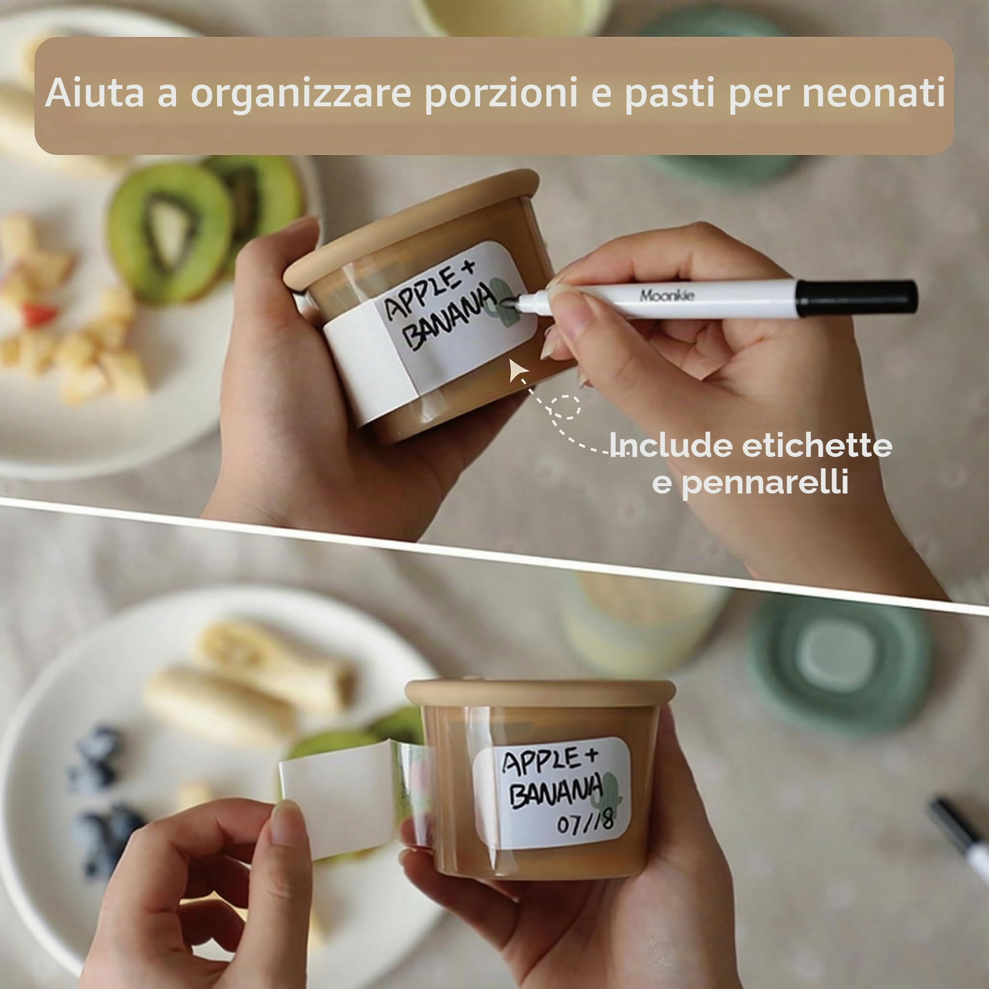 Moonkie Contenitori Pappa Neonati 120ml 6 Pezzi Vasetti Silicone Ermetici Senza BPA per Lavastoviglie Freezer Microonde