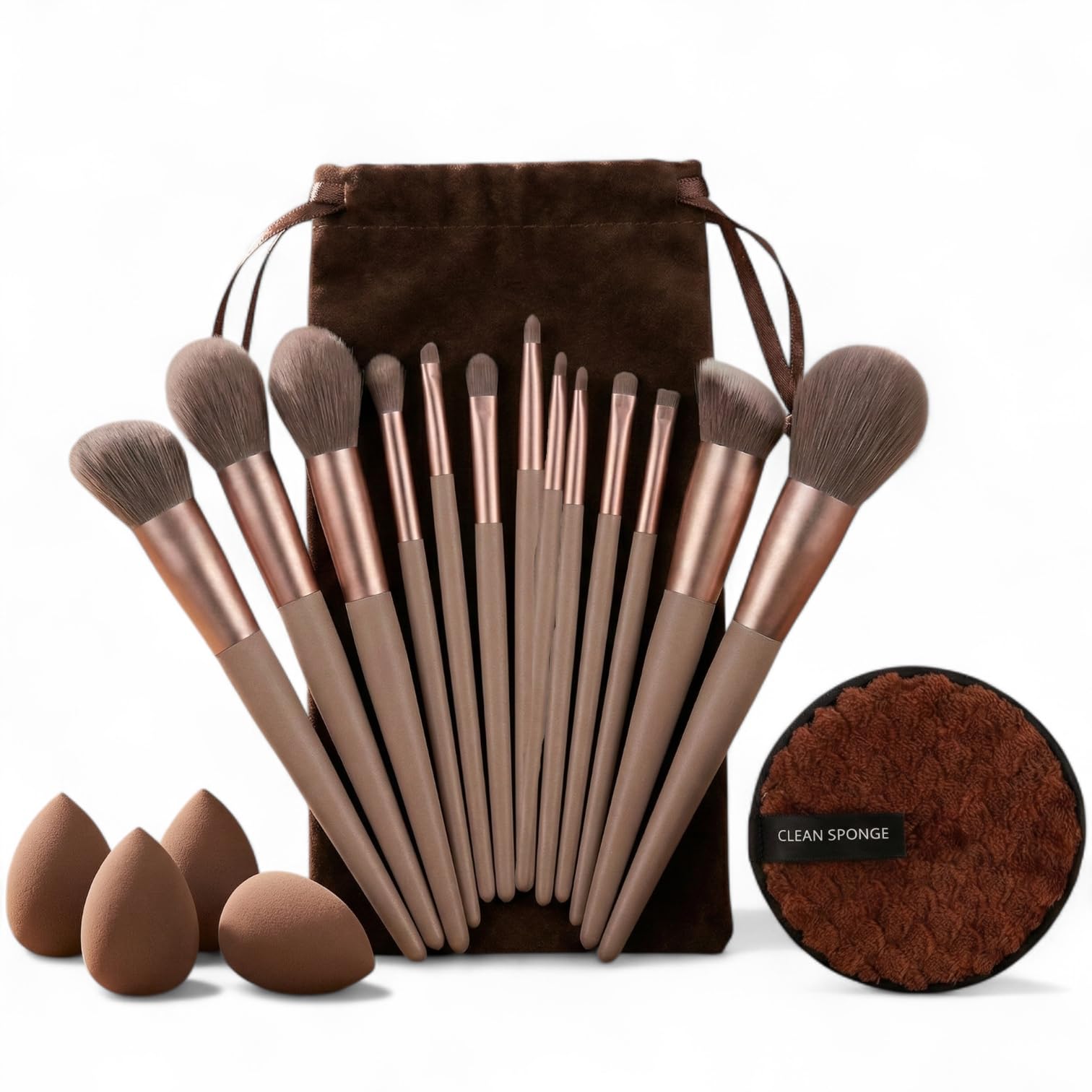 17Pc Makeup Kit Set – Premium 13-Piece Makeup Brush Set with 3 Beauty Blenders & 1 Color-Removal Sponge – Soft Synthetic Bristles, Rose Gold & Cream Design with Velvet Travel Pouch – Complete Professional Beauty Tools (Coffee)-image-49