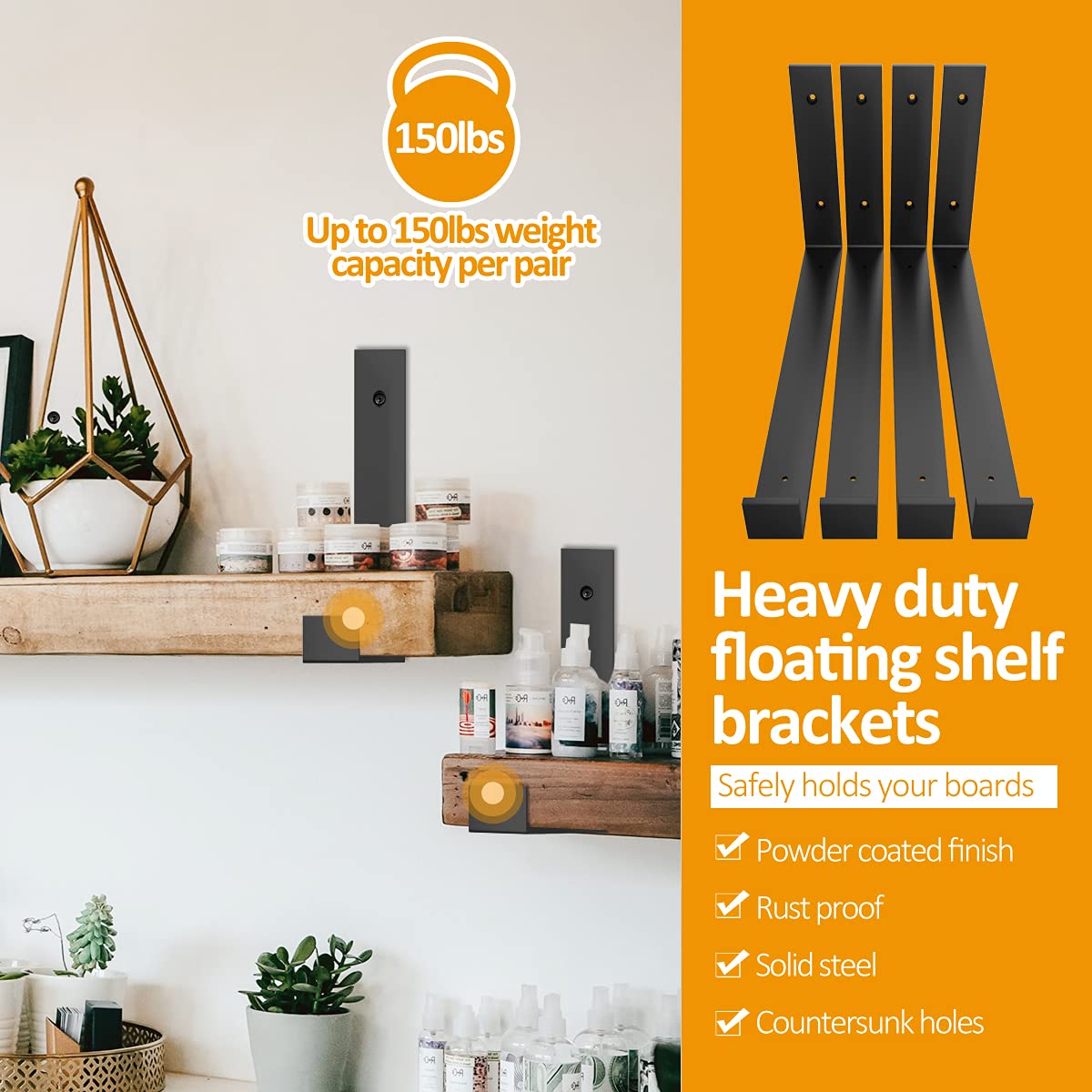 Shelf Bracket 12 Inch, Heavy Duty Floating Shelf Bracket 4 Pack Black