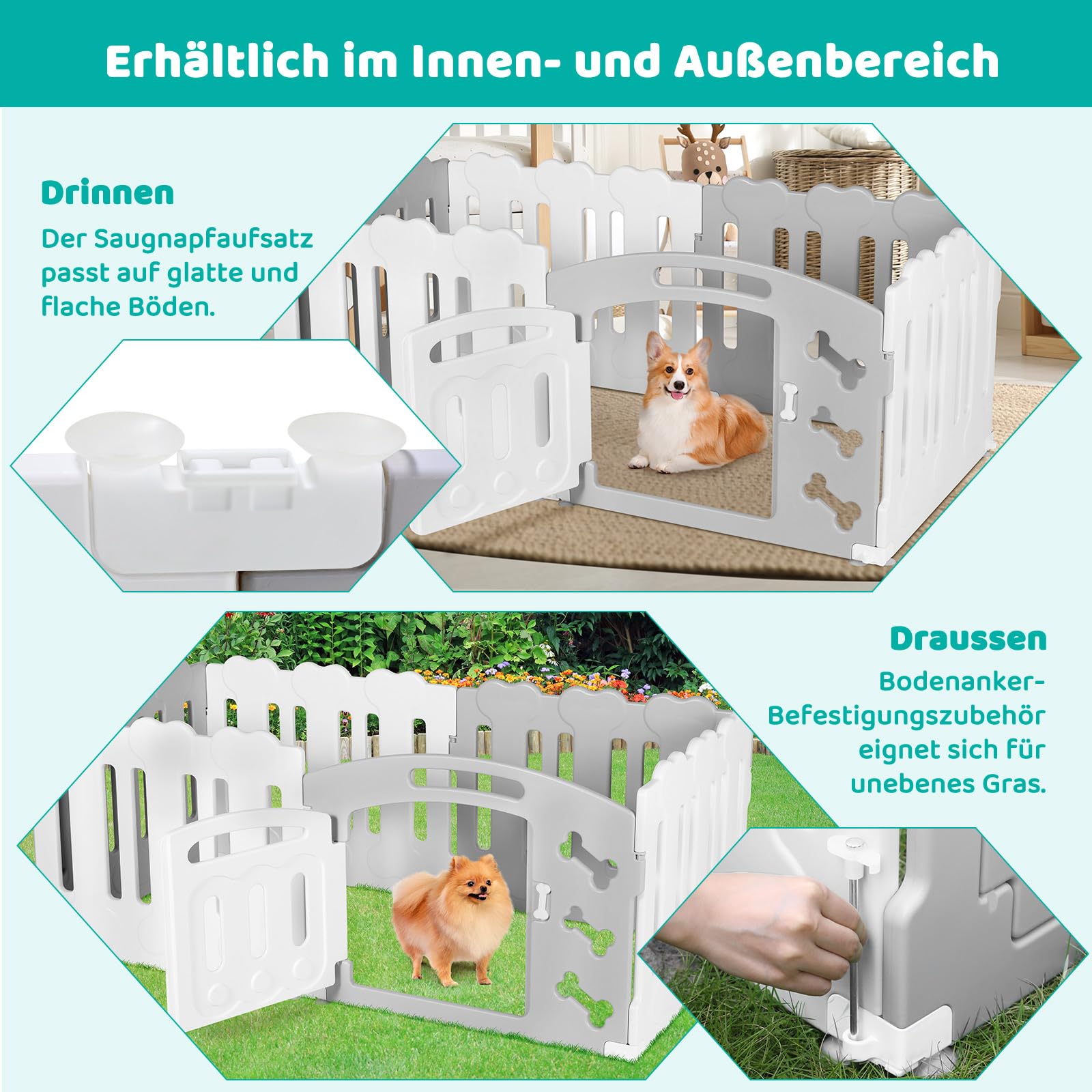 Recinto per Cani da Interno Esterno alto 60cm, Box per Cani 5+1 Pannelli, Recinzione per Cani Pieghevole, Recinto per Gatti in Plastica con Cancello, Incluse Ventose e Ancoraggi a Terra, Grigio-Bianco