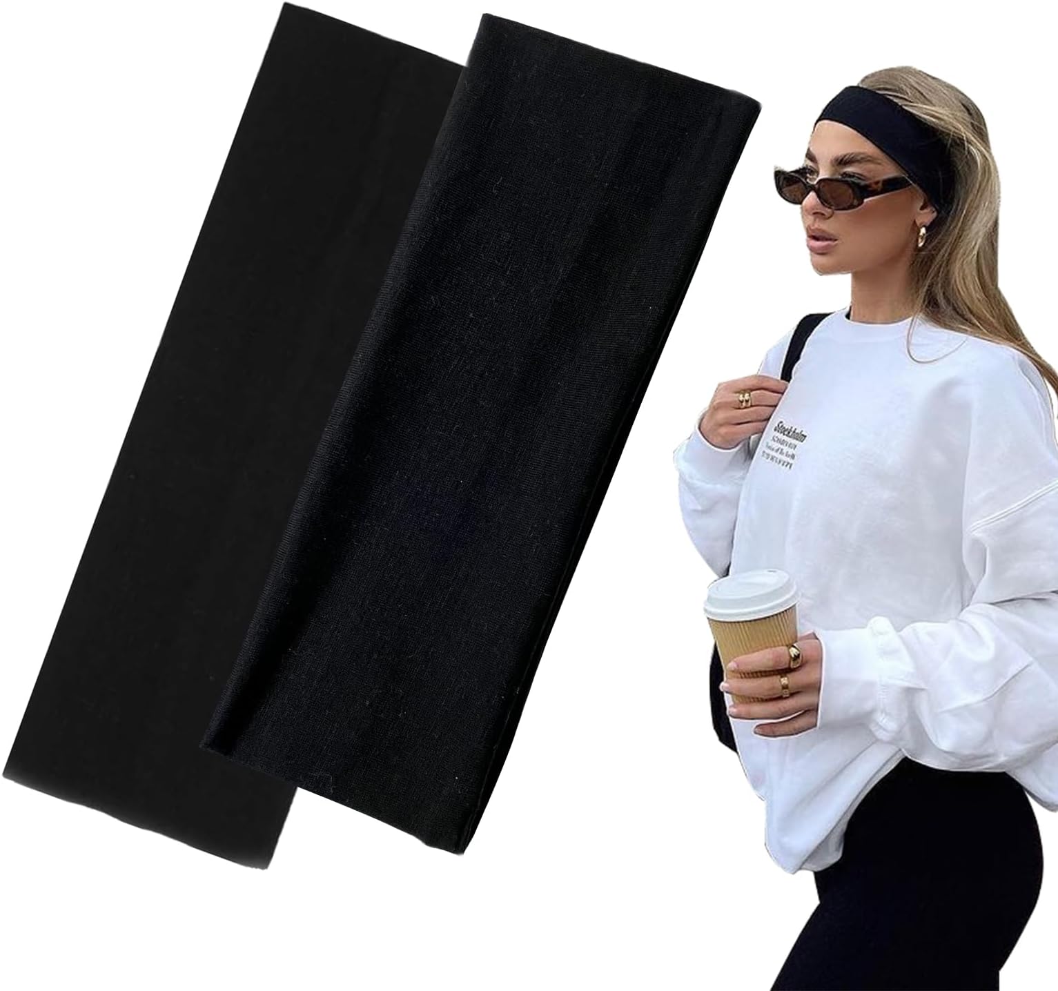 7cm Wide Black Headbands for Women Men, Yedtreg 2pack Fashion Head Bands for Women's Hair, Soft Fabric Stretchy Hair Bands for Makeup, Yoga, Running (2XBlack)