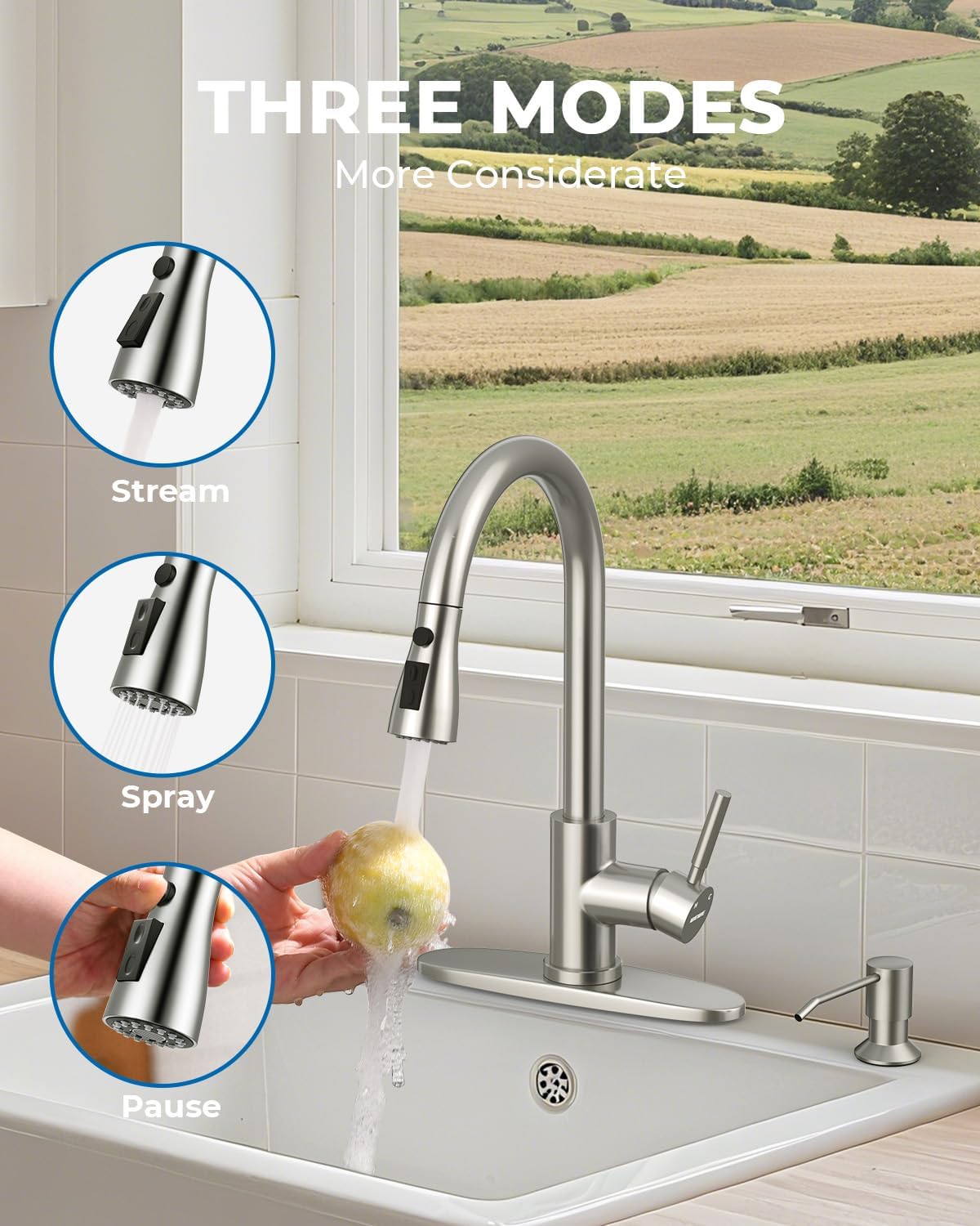 WEWE Kitchen Faucet with Soap Dispenser and Pull Down Sprayer, RV Single Handle Classic 3 Modes Stainless Steel Faucet for Kitchen Sink, RV, Stainless Steel