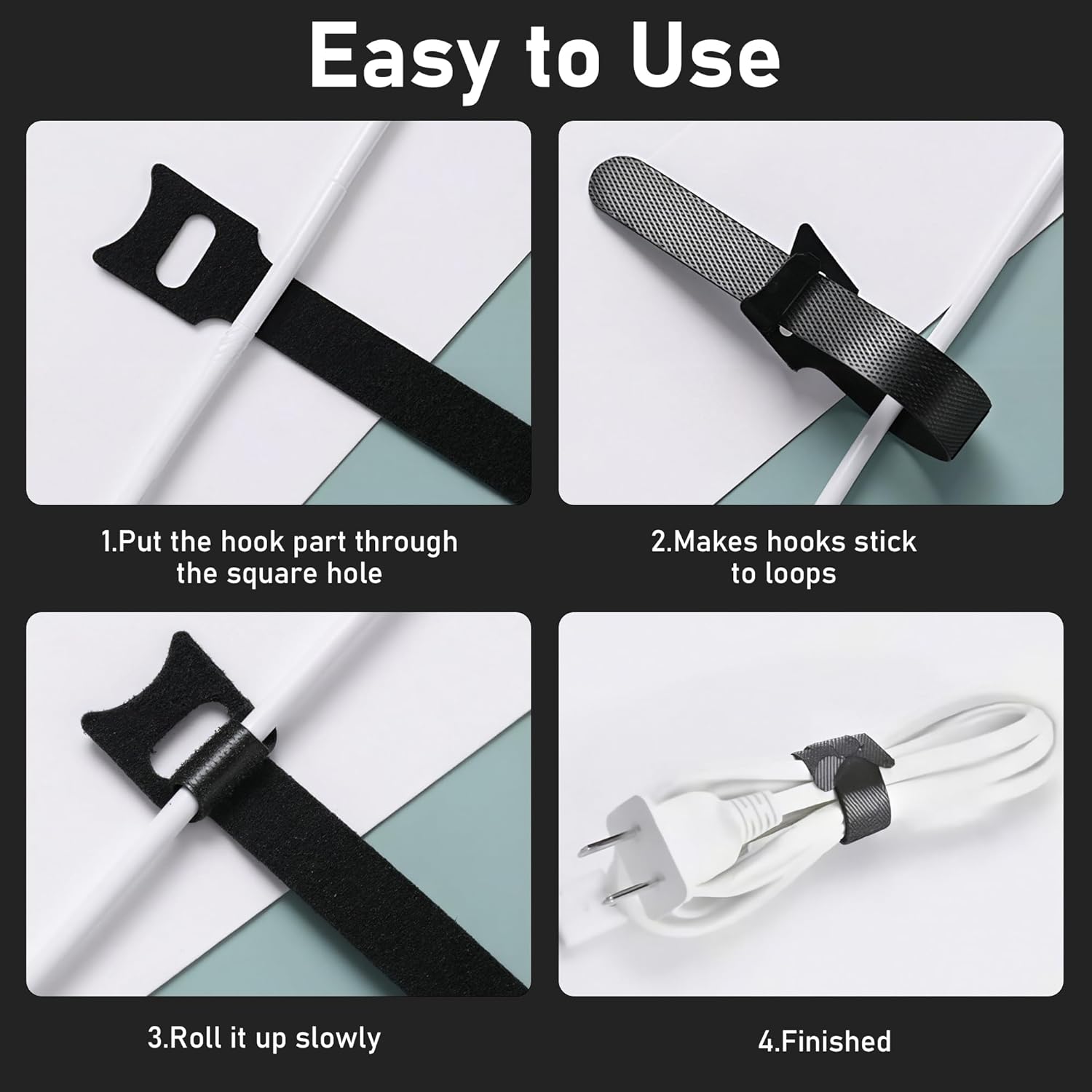 60Pcs Reusable Hook and Loop Cable Straps – Adjustable Cord Ties for Wire Management – 8in – Black