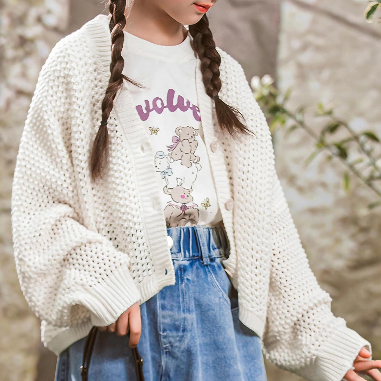 Riclena Girls Cardigan Sweater V-Neck Net Solid Color Front Button Mesh Knit Wide Cardigan