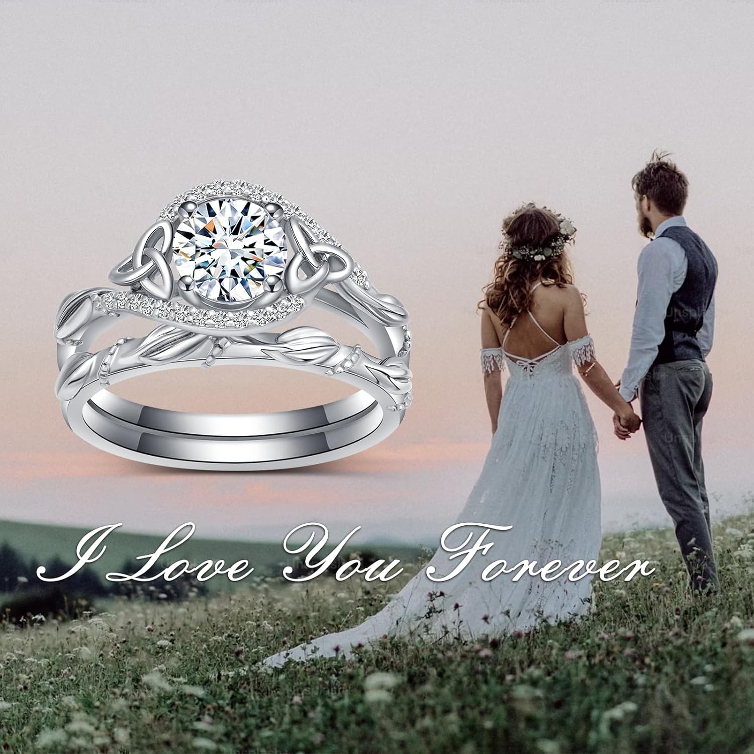 S925 1.12 Carat(ctw) Moissanite Wedding Ring Set for Women,18K White Gold Platinum Plated Celtic Knot Engagement Ring Sets Bridal Ring Set Her Gift for Wedding Anniversary Christmas