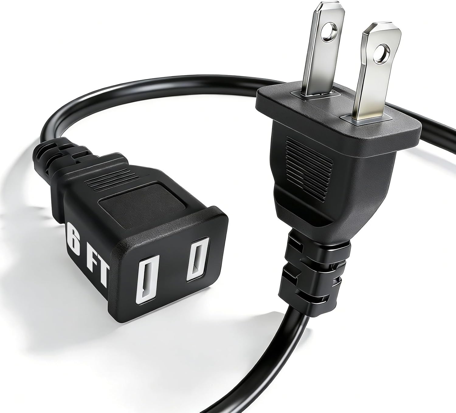 6ft Black Extension Cord 125V 10A 1250W Slim Design, 2-Prong Polarized Plug for Humidifier, Holiday Lights, Lamps, Security Cameras, ppliance Indoor Outdoor Use (1 Pack)