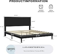 Vista 2 de Base de cama Queen con cabecero, canal vertical acolchonado, marco de cama resistente tamaño Queen, no necesita somier, fácil montaje