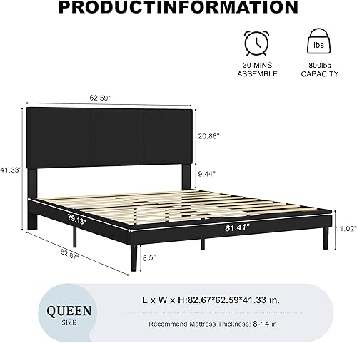 Miniatura 2 de Base de cama Queen con cabecero, canal vertical acolchonado, marco de cama resistente tamaño Queen, no necesita somier, fácil montaje (beige, Queen