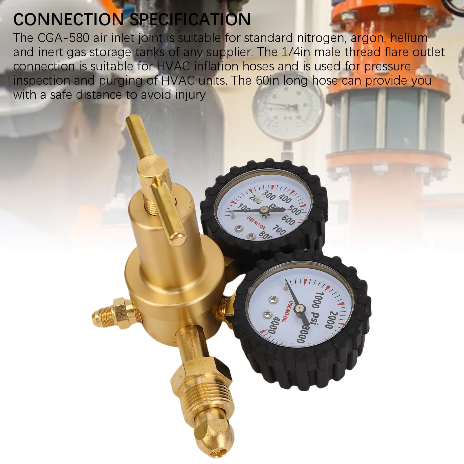 Zestaw Zaworu Regulacyjnego Azotu 0-800PSI do HVAC z dokładną kontrolą Ciśnienia, Połączenie Wlotowe 60-calowy wąż CGA580 do Oczyszczania HVAC
