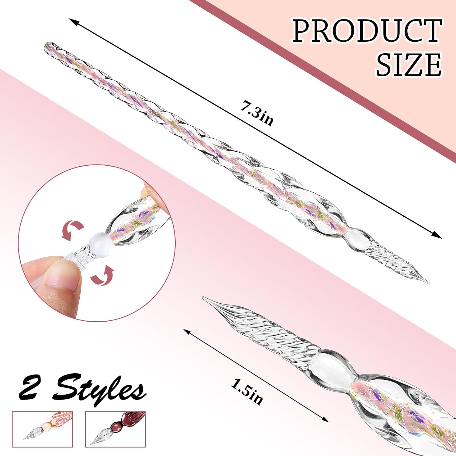 Zonon 6 Pieces Handmade Glass Dip, Crystal Glass Signature Calligraphy Vintage Dip Ink Pen Borosilicate Present Pen for Writing Drawing Decoration(Pink Color,Classic Style)