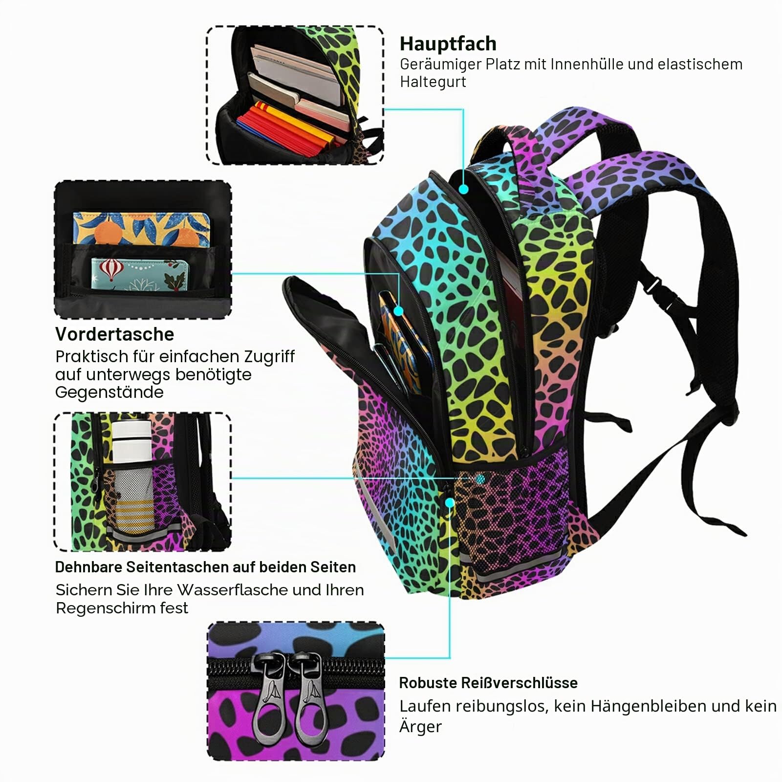 Rucksack mit Regenbogen-Leopardenmuster für Schüler, Jungen, Mädchen, Schultasche, Reise, Tagesrucksack, Muster 1, Einheitsgröße, modisch