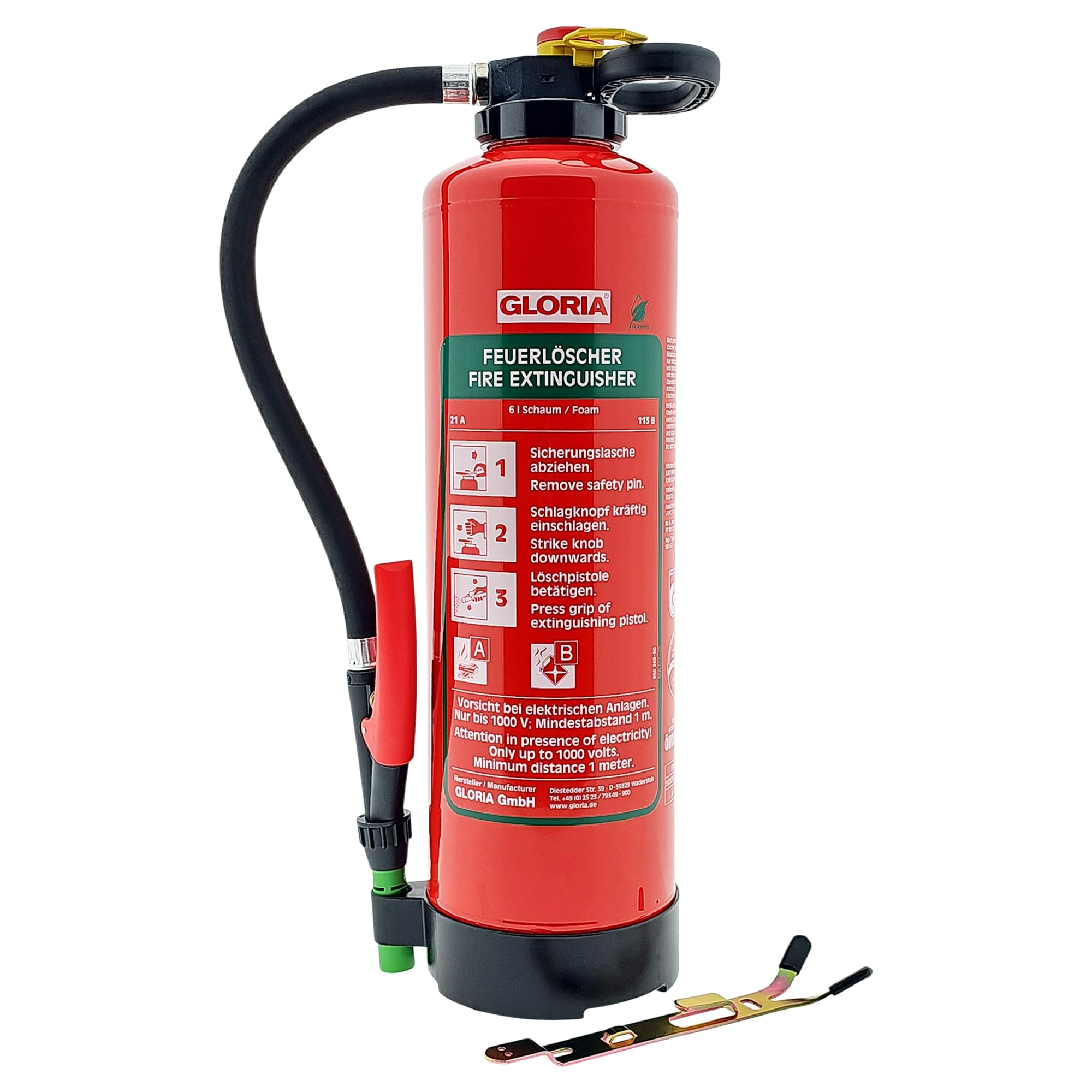 Gloria - SKE 6 PRO – Schaum Feuerlöscher - fluorfrei - 6 Liter – Für die Brandklassen A, B – inkl. Wandhalterung – inkl. Prüfplakette