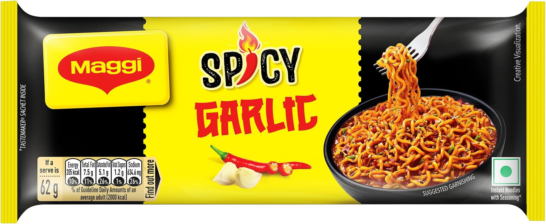 MAGGI 2-Minute Spicy Garlic Noodles, Easy To Cook Instant Noodles, Tasty Twist Of Spicy & Garlic, 248g, Medium