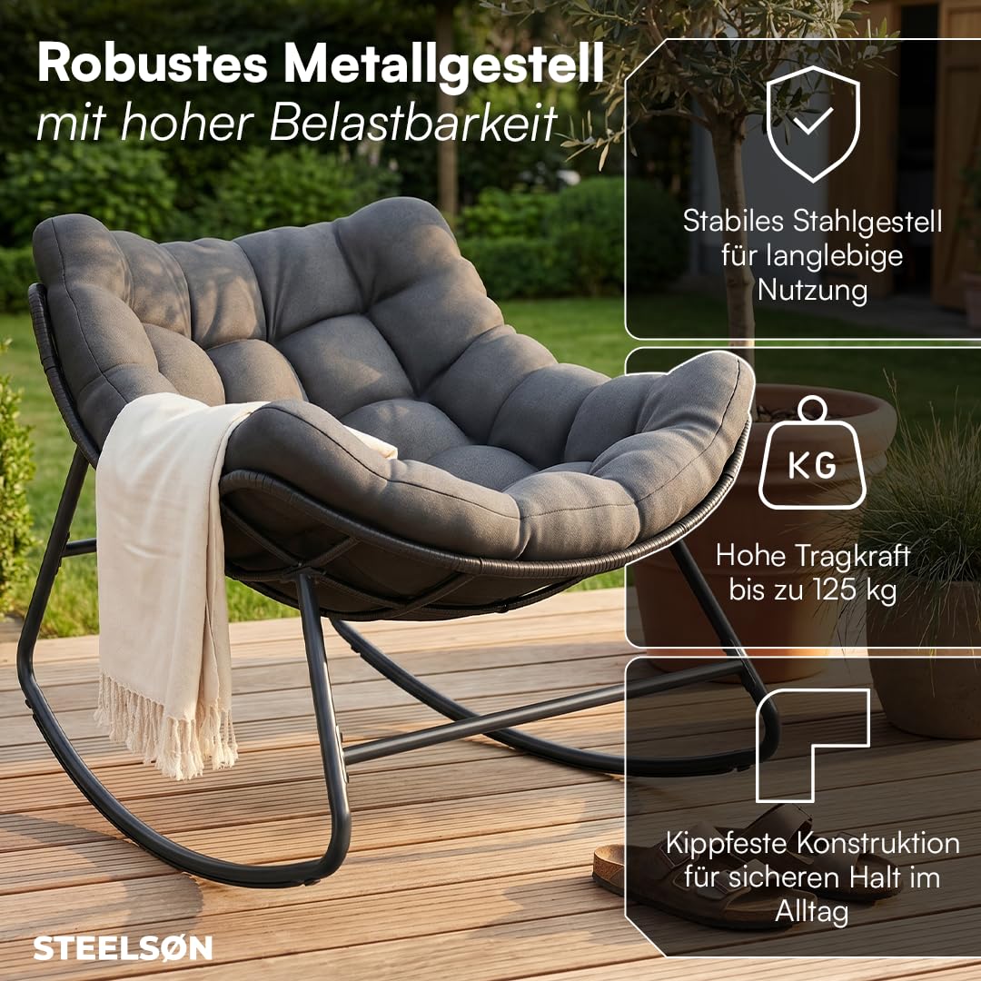 STEELSØN Veldora Schaukelstuhl – XXL Schaukelsessel outdoor/indoor – ergonomischer Gartensessel gepolstert - handgeflochtener Polyrattan - Loungesessel wetterfest & rutschfest – bis 125 kg - anthrazit