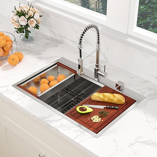 Miniatura 133 de Sarlai Fregadero de barra de 21 gotas de acero inoxidable - Fregadero de cocina de 21 x 20 pulgadas, estación de trabajo de montaje superior, acero