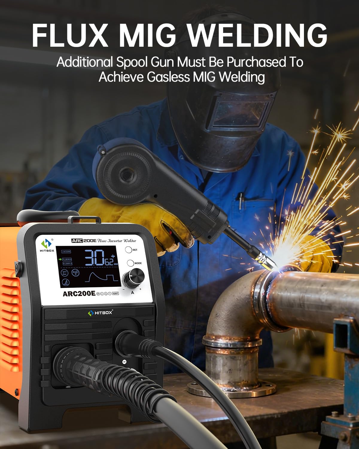 HITBOX ARC200E Soldador Inverter 200A, maquina de soldar electrodo IGBT DC MMA/Lift TIG, MIG con hilo tubular compatible, control sinérgico, Hot Start, Anti-Stick, 230V con pantalla TFT-LCD