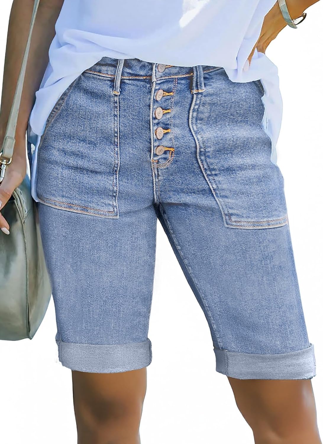 Sidefeel Womens Jean Shorts High Waisted Stretchy Button Fly Folded Hem Trendy Casual Summer Bermuda Shorts