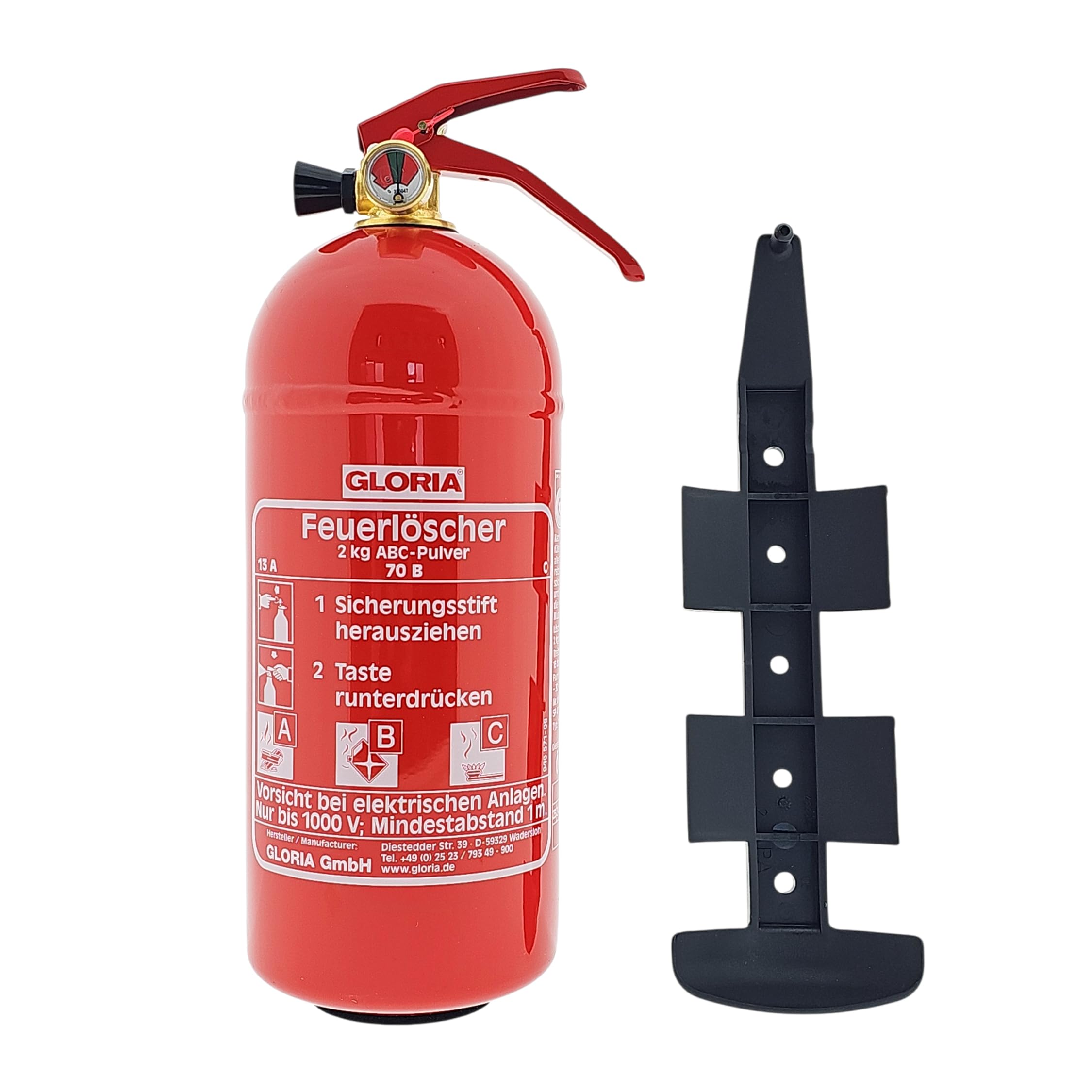 Gloria PD2GAM Extincteur à poudre avec manomètre 2 kg Classe d'incendie : A, B, C Contenu : 1 pièce